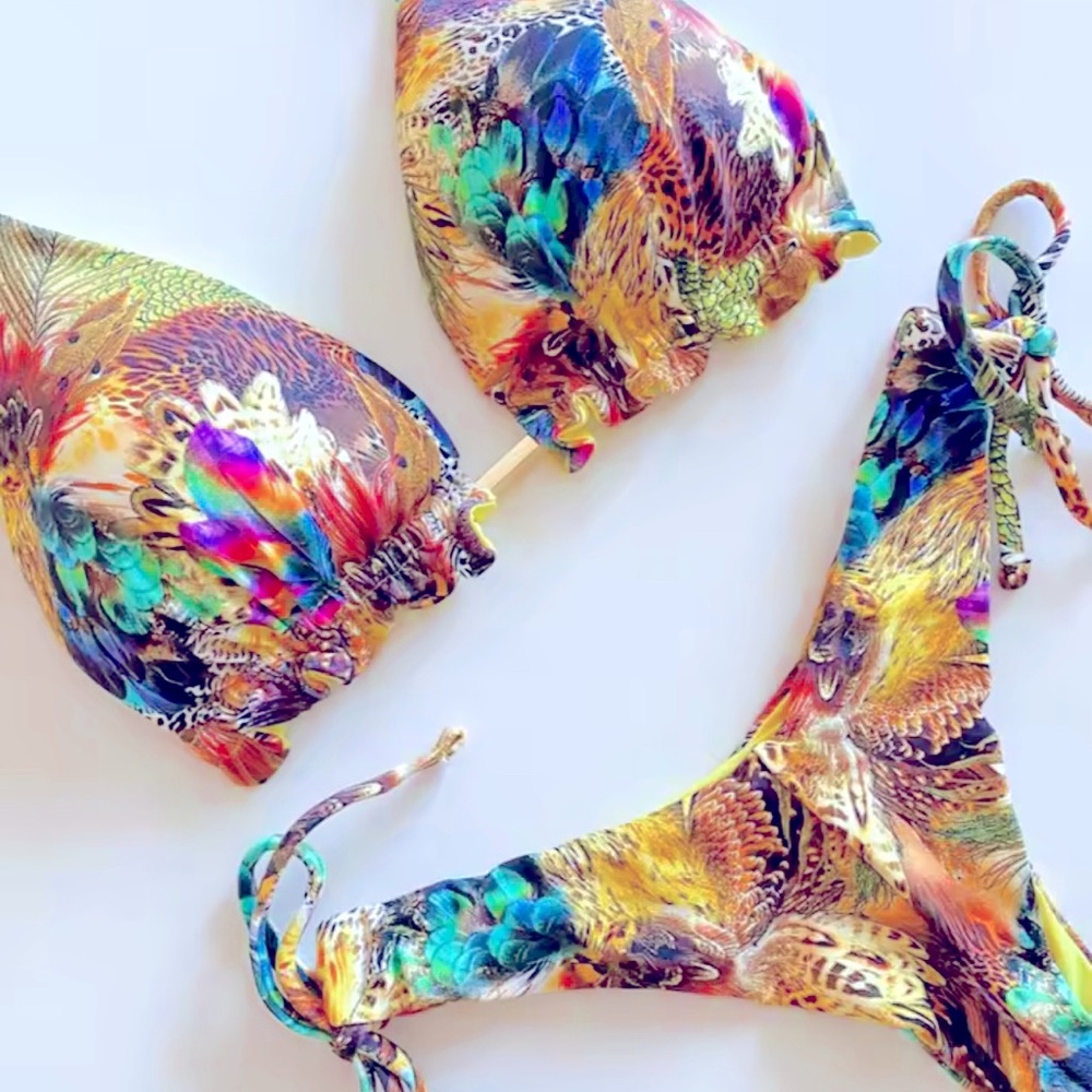 Vibrant Feather-Print Tie-Side Bikini - Multicolor